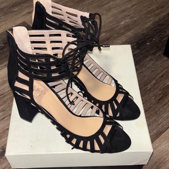 Franco Sarto Black and Tan Strappy Sandals - Picture 15 of 15